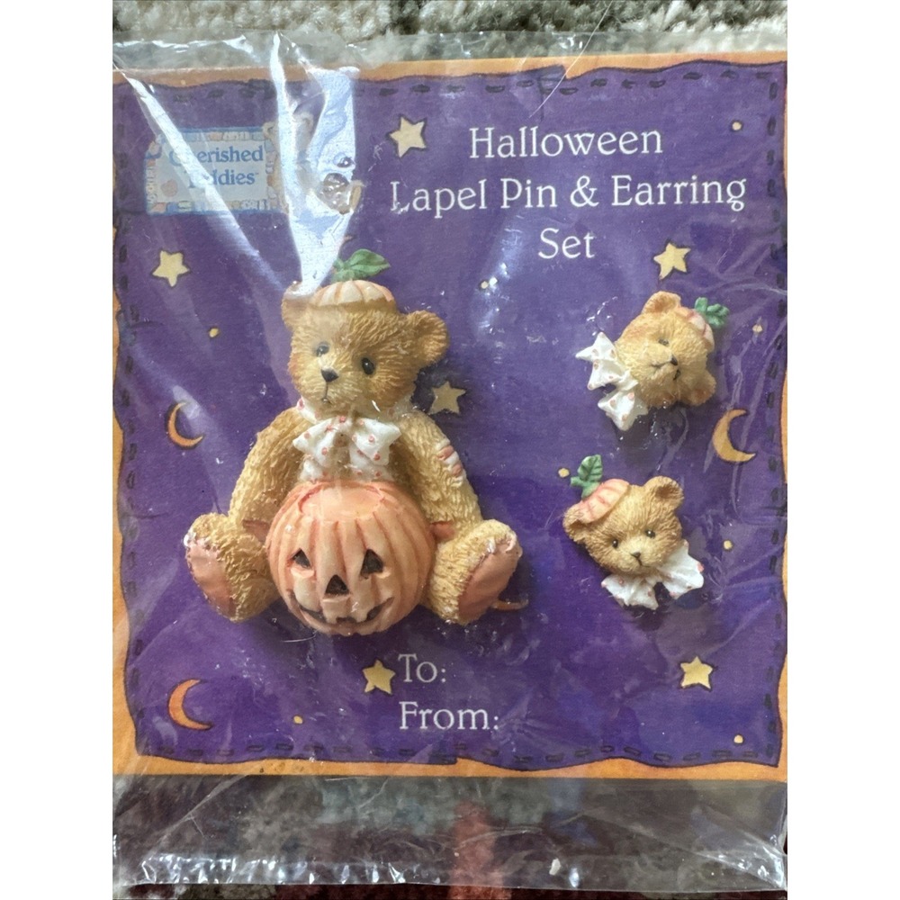 Cherished Teddies HALLOWEEN PIN & EARRINGS SET 182958 Pumpkin Bows